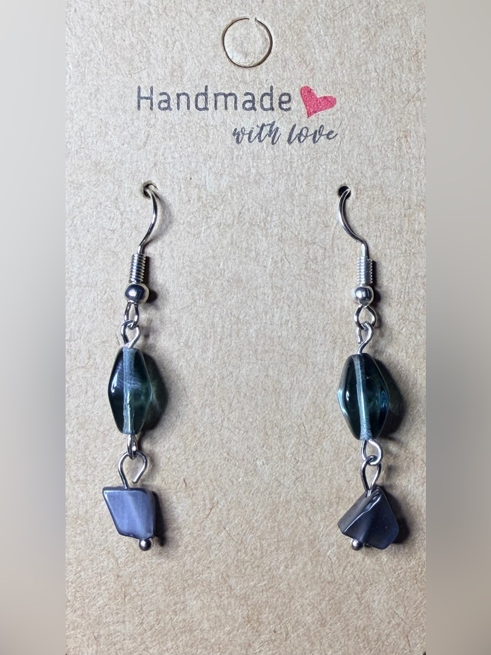 Handmade Silver-Tone Earrings with Blue and Gray Beads